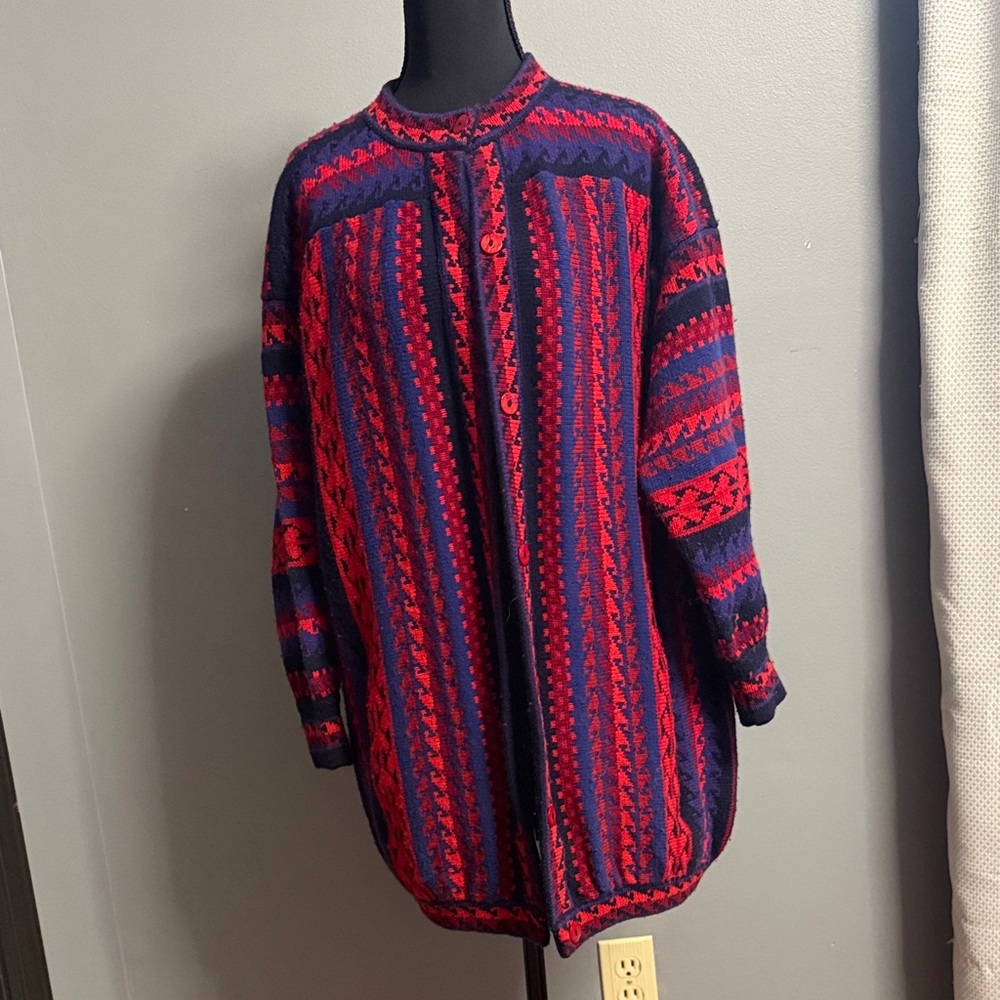 Vintage red and blue pure wool cardigan, made in Scotland.